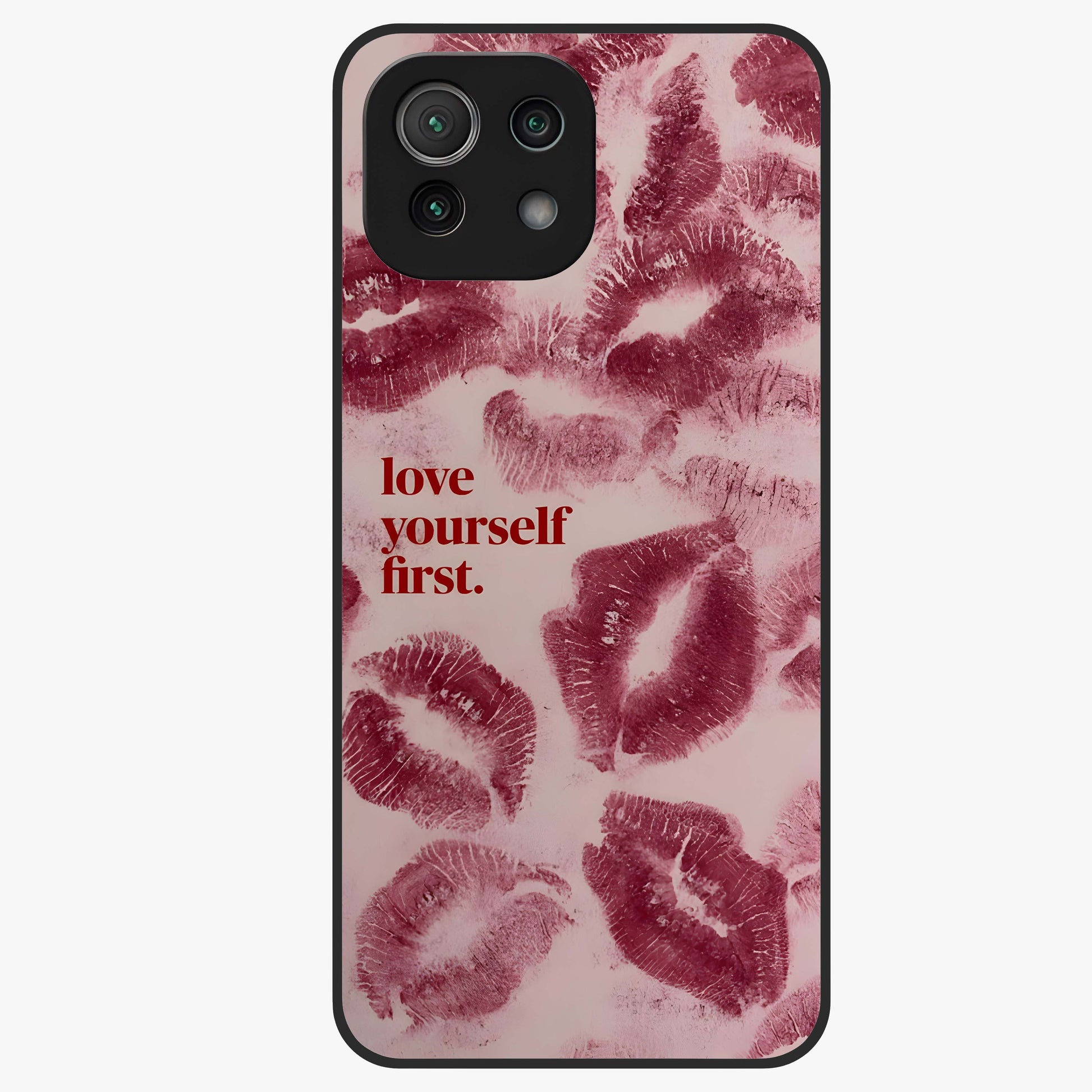 Crimson Kiss Love Glass Case showing flat back view with romantic crimson themed artwork and glossy glass finish.
