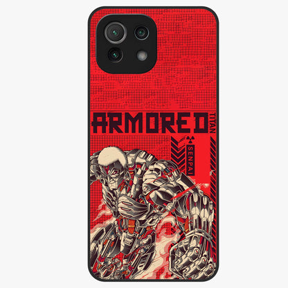 Crimson Mecha Titan Glass Case showing flat back view with powerful mech titan artwork and glossy glass finish.