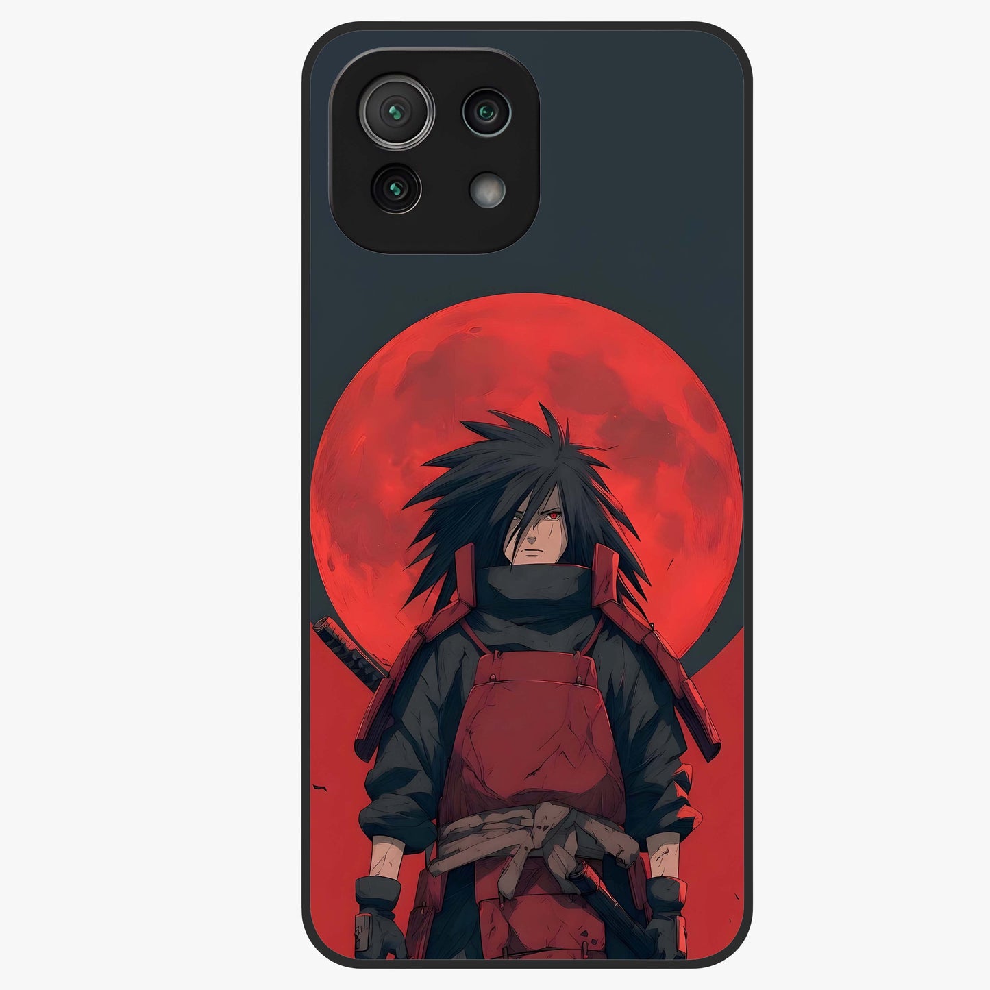 Crimson Moon Warlord Glass Case showing flat back view with mystical moon warrior artwork and glossy glass finish.