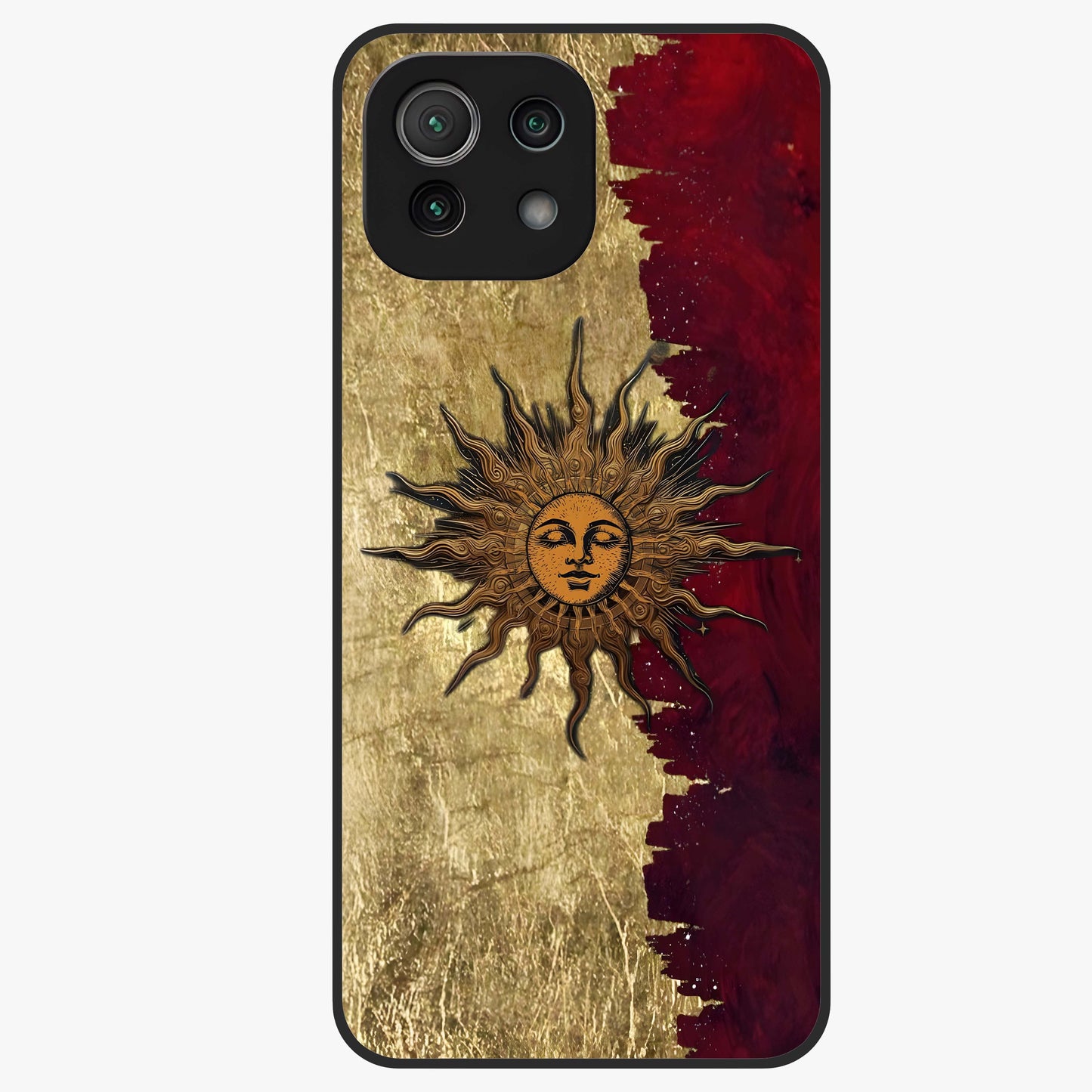 Crimson Sun Majesty Glass Case showing flat back view with radiant sun inspired artwork and glossy glass finish.