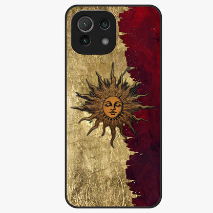 Crimson Sun Majesty Glass Case showing flat back view with radiant sun inspired artwork and glossy glass finish.