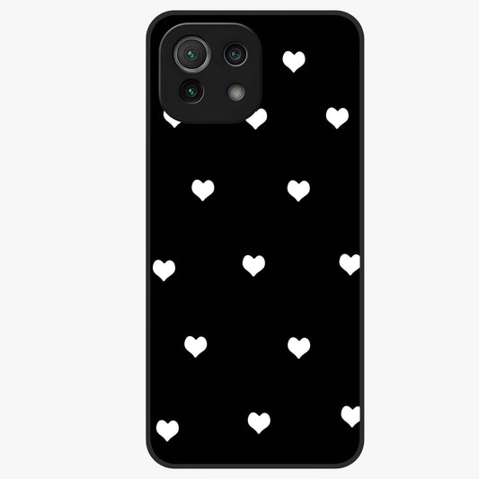 Cute And Simple White Hearts Glass Case showing flat back view with minimal white heart pattern and glossy glass finish.