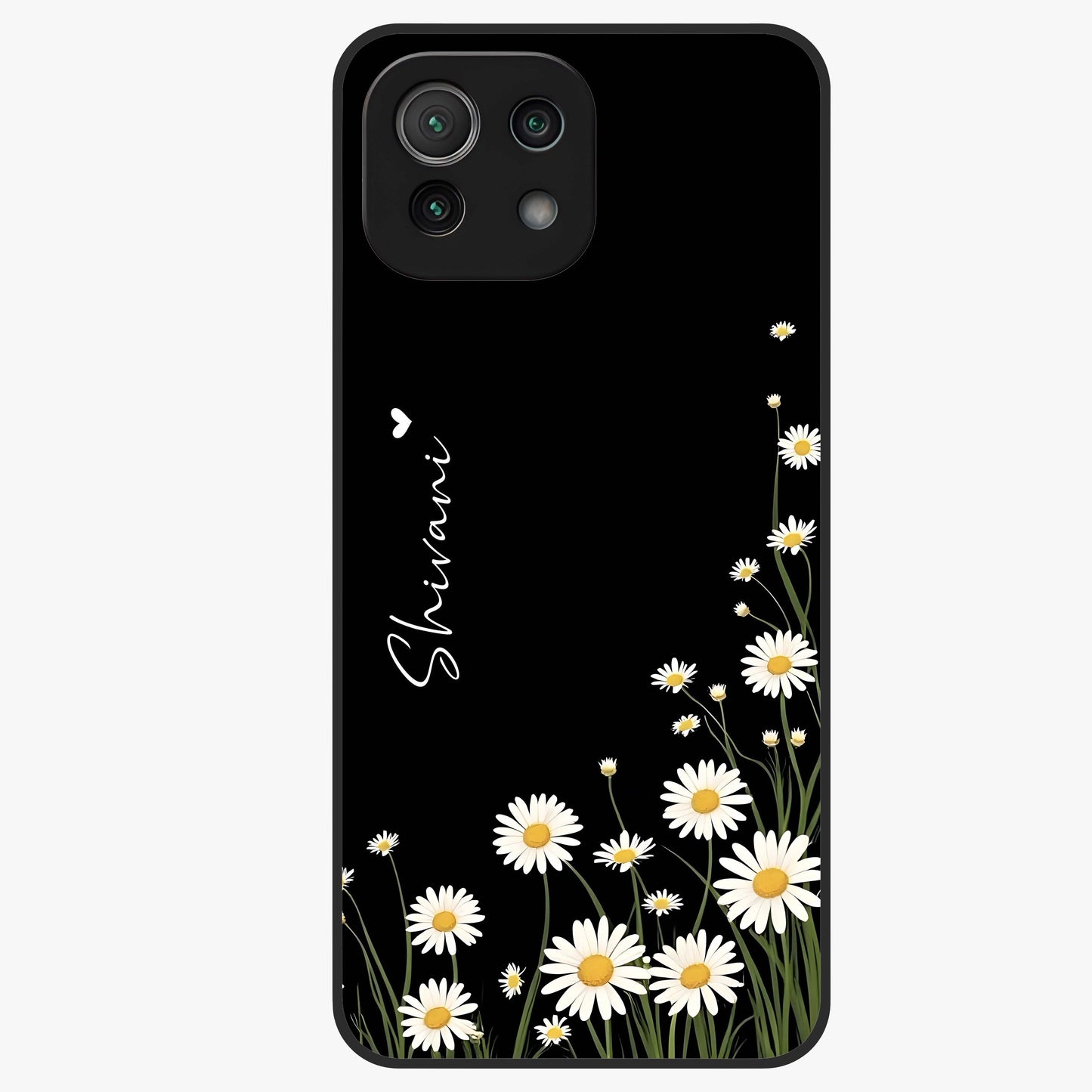 Daisy Cascade Custom Name Glass Case showing flat back view with cascading daisy flowers and personalized name design.