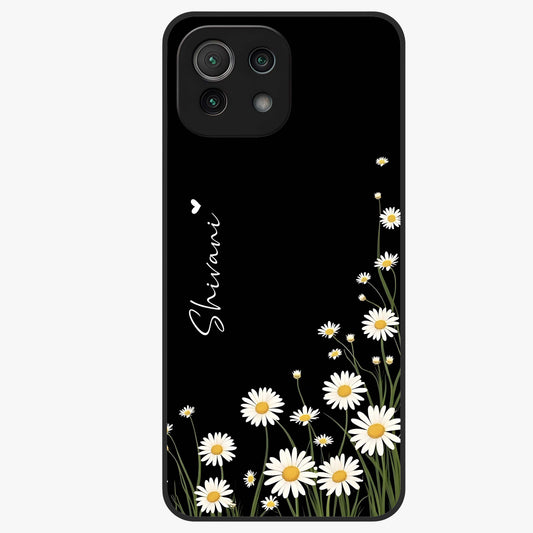 Daisy Cascade Custom Name Glass Case showing flat back view with cascading daisy flowers and personalized name design.