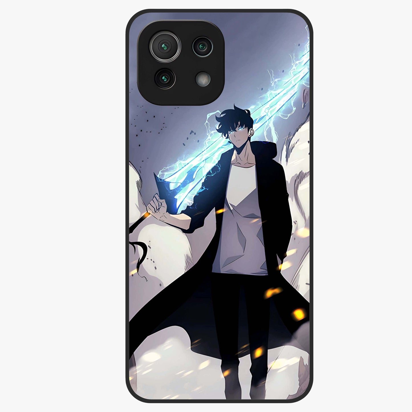 Dark Lightning Anime Warrior Glass Case showing flat back view with intense anime warrior artwork and glossy glass finish.