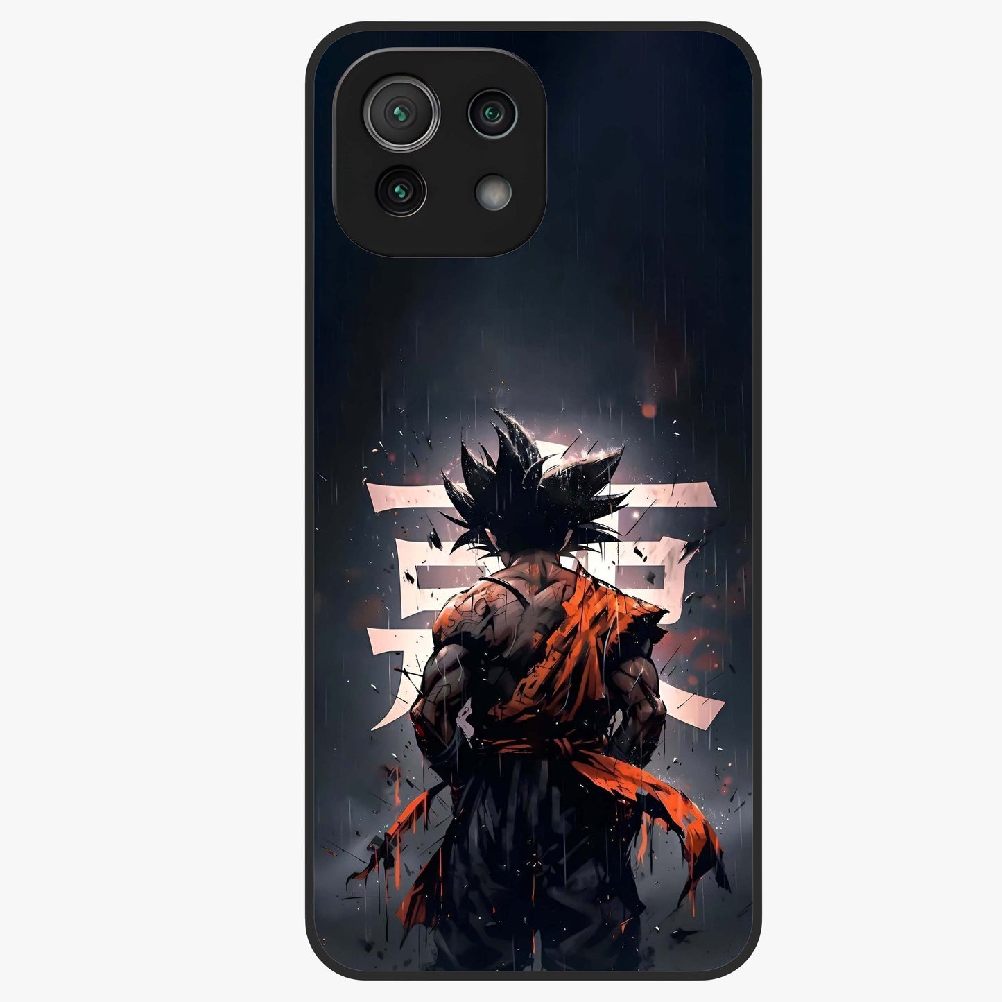 Dark Warrior In Rain Glass Case showing flat back view with warrior artwork in rainy atmosphere and glossy glass finish.