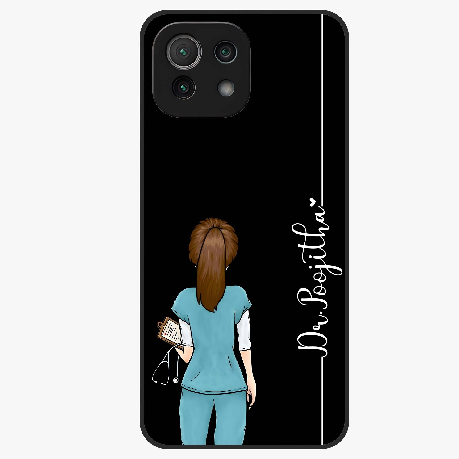 Doctor Pattern Custom Name Glass Case showing flat back view with medical themed pattern and personalized name design.