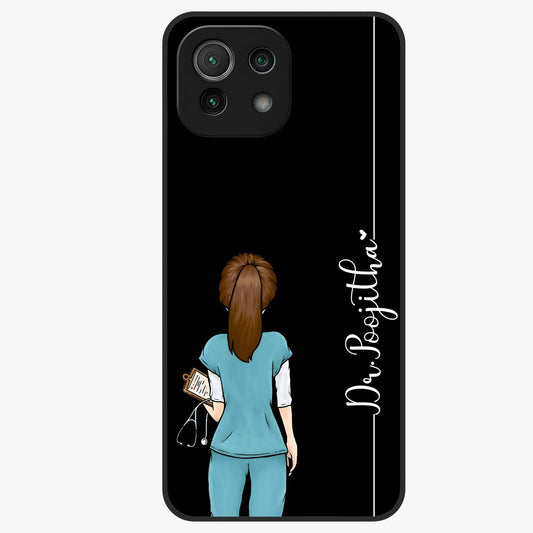 Doctor Pattern Custom Name Glass Case showing flat back view with medical themed pattern and personalized name design.