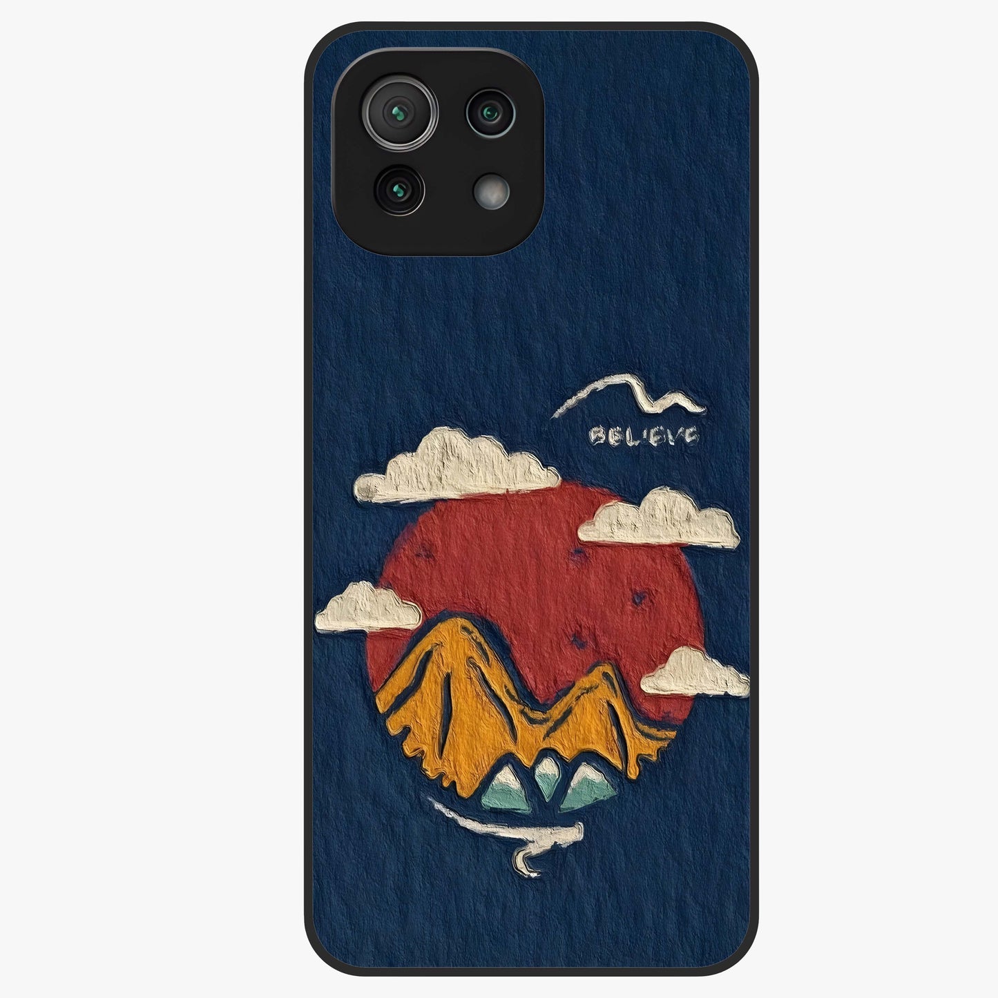 Dream Beyond Mountains Glass Case showing flat back view with scenic mountain landscape artwork and glossy glass finish.