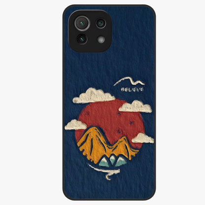 Dream Beyond Mountains Glass Case showing flat back view with scenic mountain landscape artwork and glossy glass finish.