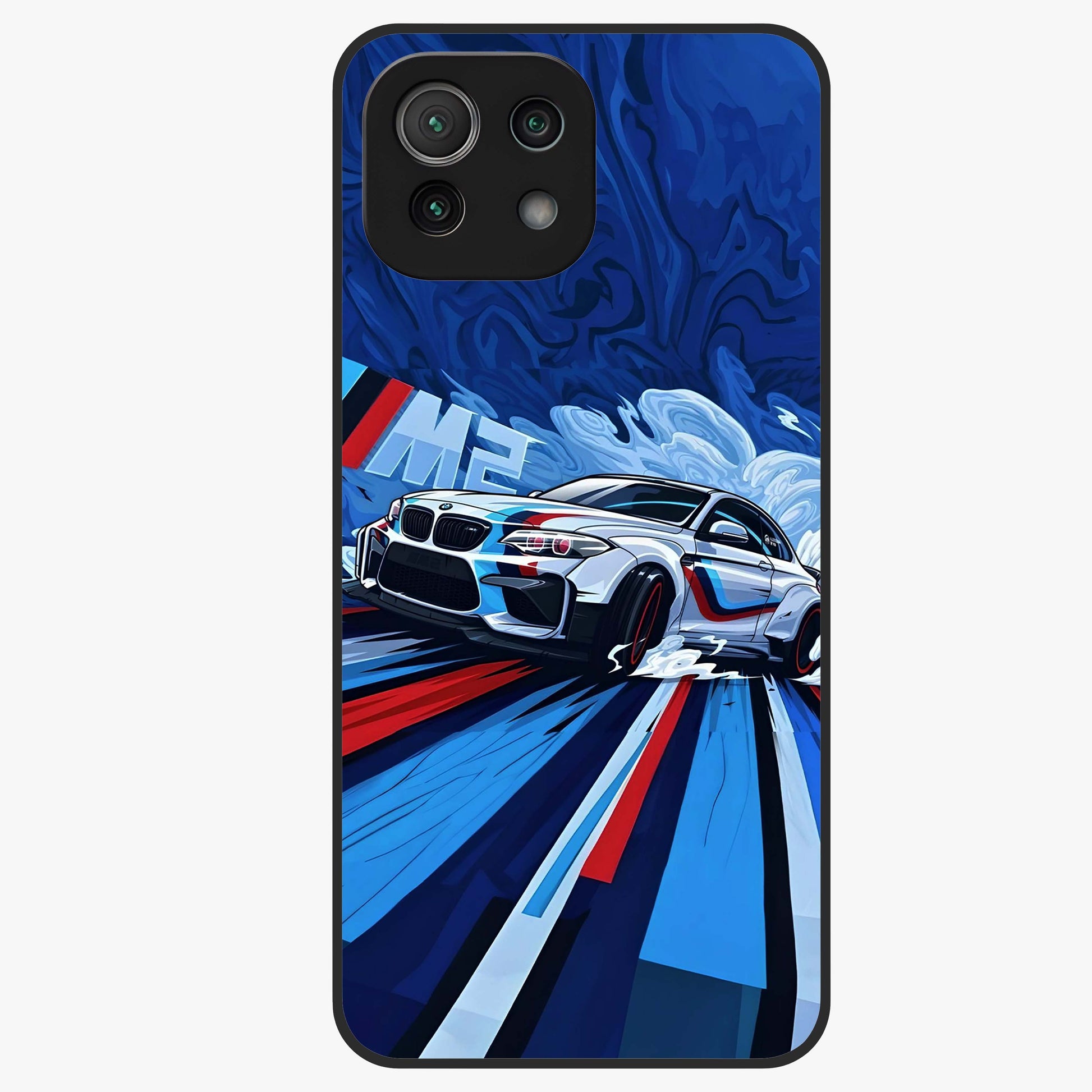 Drift Power Rush Glass Case showing flat back view with dynamic racing inspired artwork and glossy glass finish.