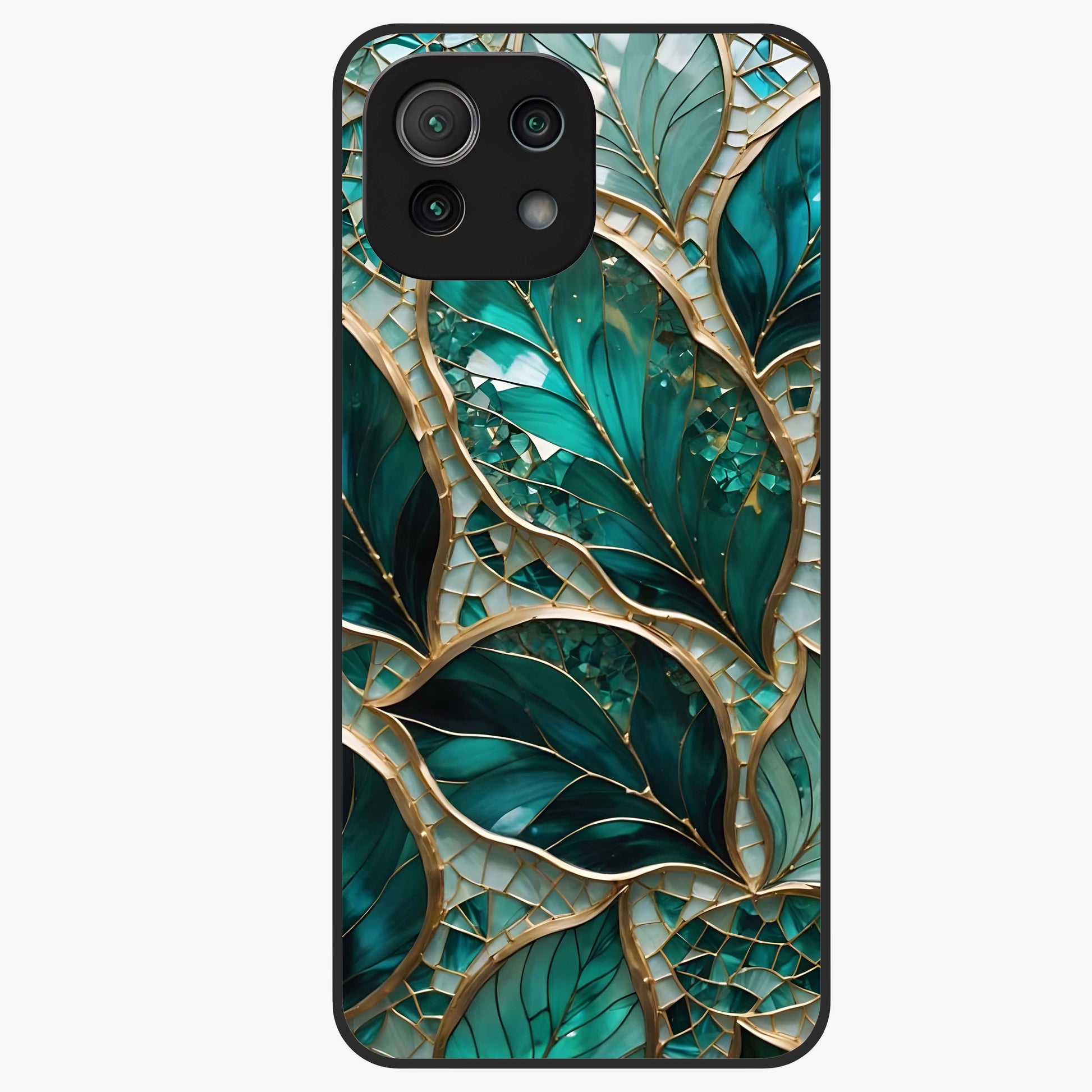 Emerald Leaf Glass Glass Case showing flat back view with emerald green leaf artwork and glossy glass finish.