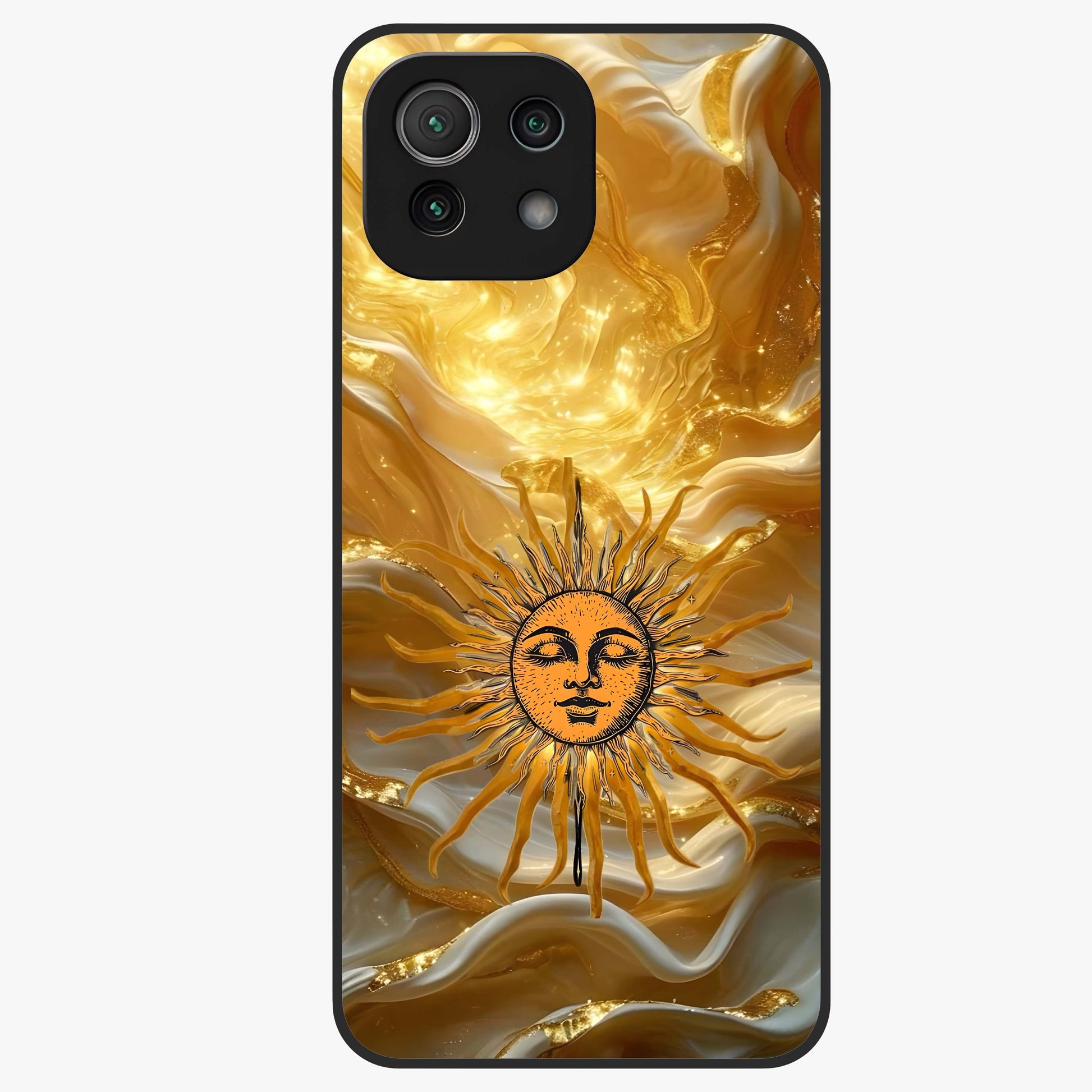 Eternal Golden Glow Glass Case showing flat back view with radiant golden themed artwork and glossy glass finish.