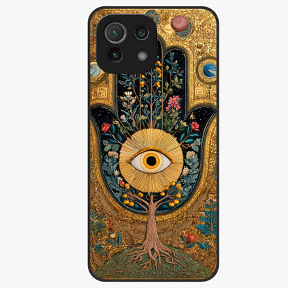 Ethereal Evil Eye Glass Case showing flat back view with mystical evil eye artwork and glossy glass finish.