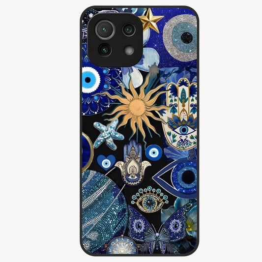 Evil Eye Charm Mix Glass Case showing flat back view with multiple evil eye charms artwork and glossy glass finish.