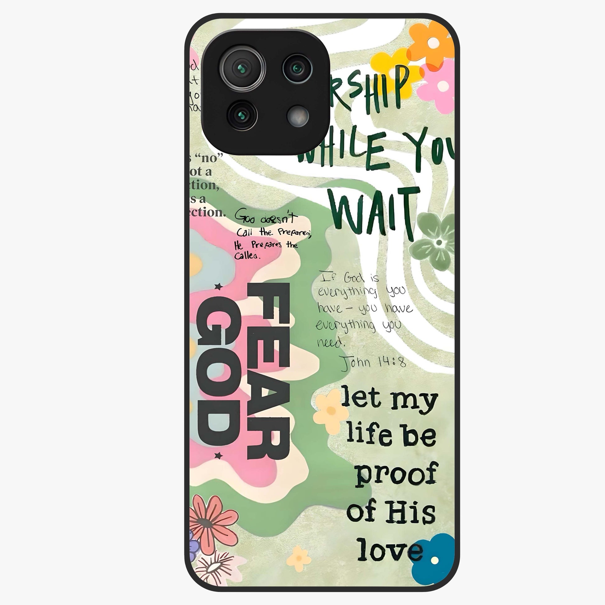 Faith Over Fear Glass Case showing flat back view with motivational typography artwork and glossy glass finish.