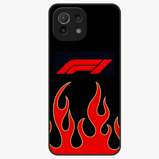 Fire F11 Glass Case showing flat back view with fiery themed artwork and glossy glass finish.