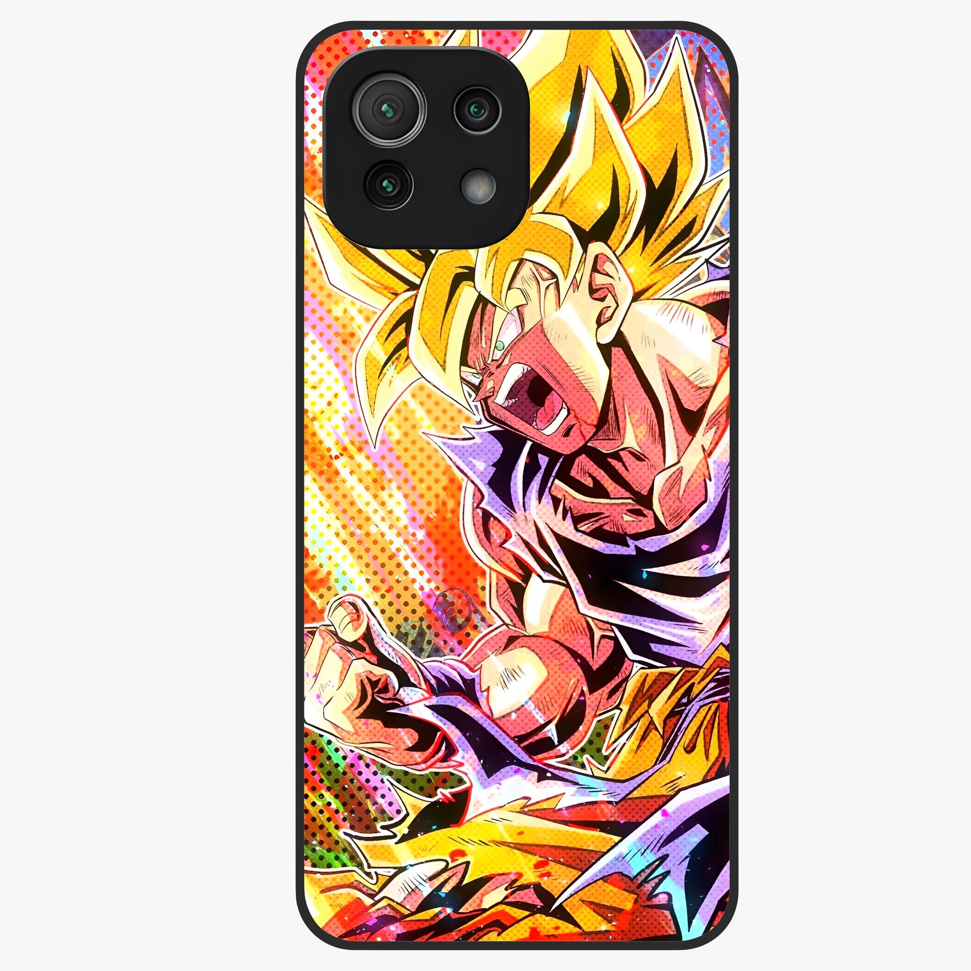 Firing Goku Glass Case showing flat back view with powerful anime inspired artwork and glossy glass finish.
