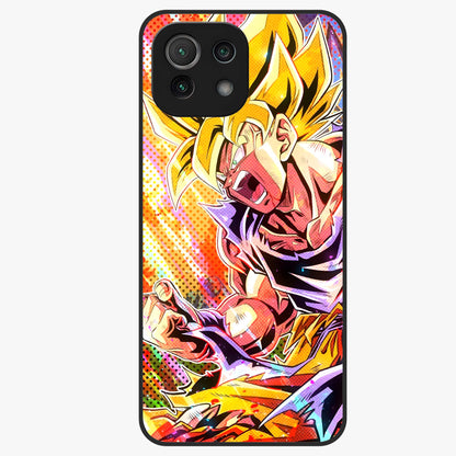 Firing Goku Glass Case showing flat back view with powerful anime inspired artwork and glossy glass finish.
