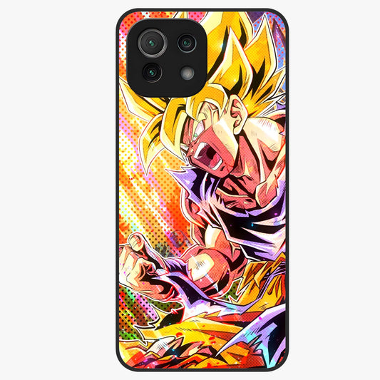 Firing Goku Glass Case showing flat back view with powerful anime inspired artwork and glossy glass finish.