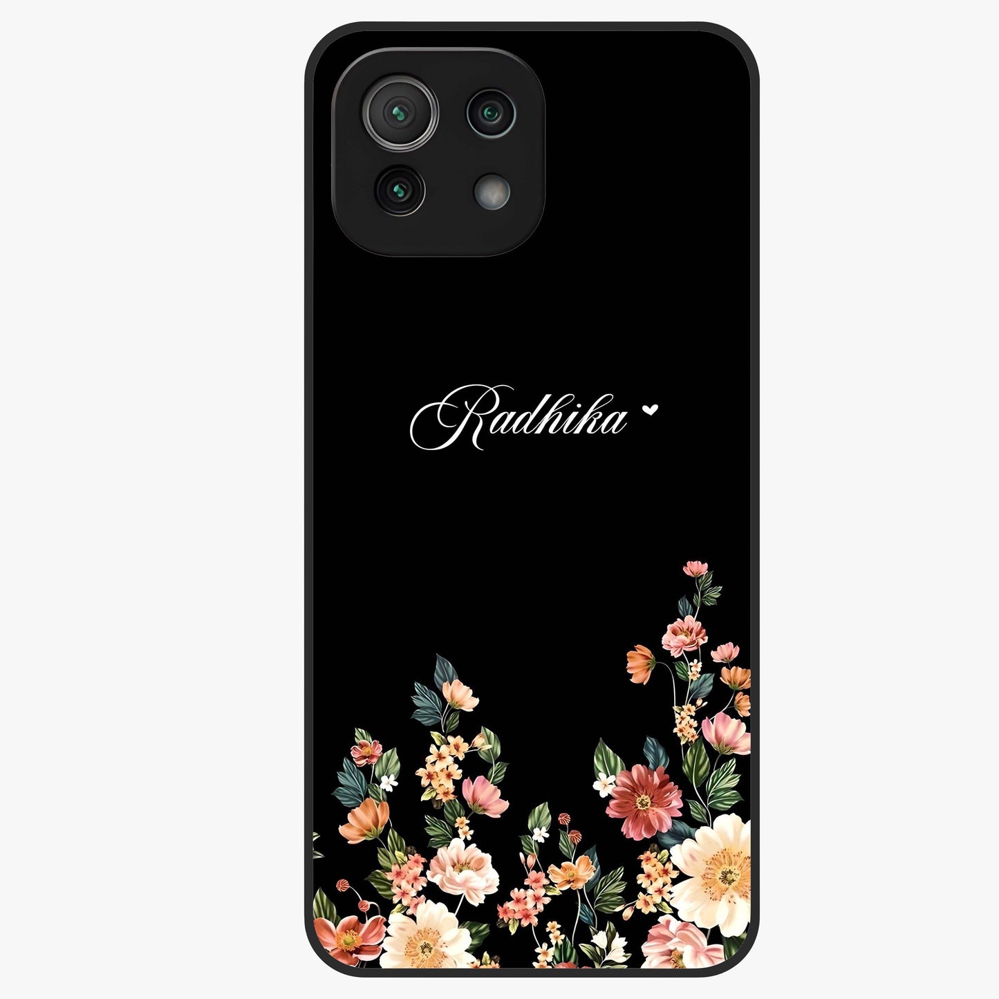 Floral Design With a Custom Personalized Name Glass Case showing flat back view with floral artwork and personalized name design.