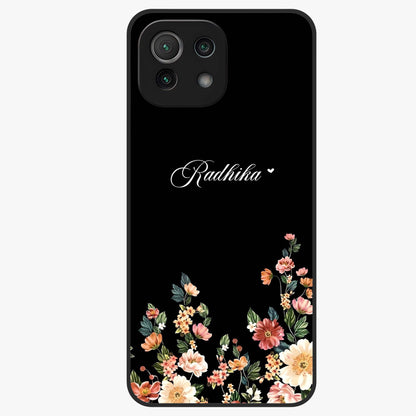 Floral Design With a Custom Personalized Name Glass Case showing flat back view with floral artwork and personalized name design.