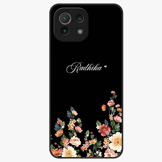 Floral Design With a Custom Personalized Name Glass Case showing flat back view with floral artwork and personalized name design.