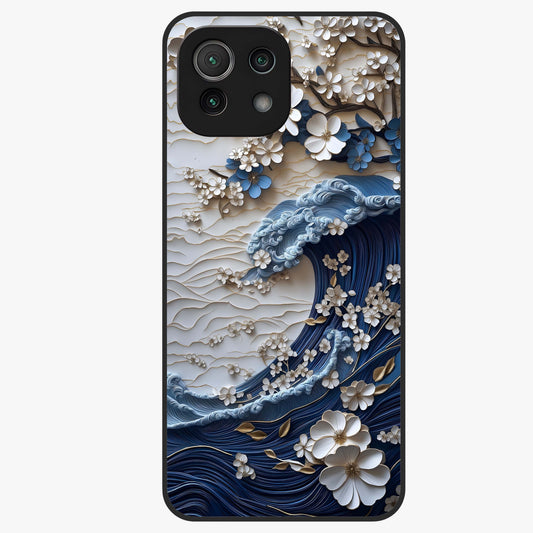 Floral Wave Origami Glass Case showing flat back view with origami inspired floral wave artwork and glossy glass finish.