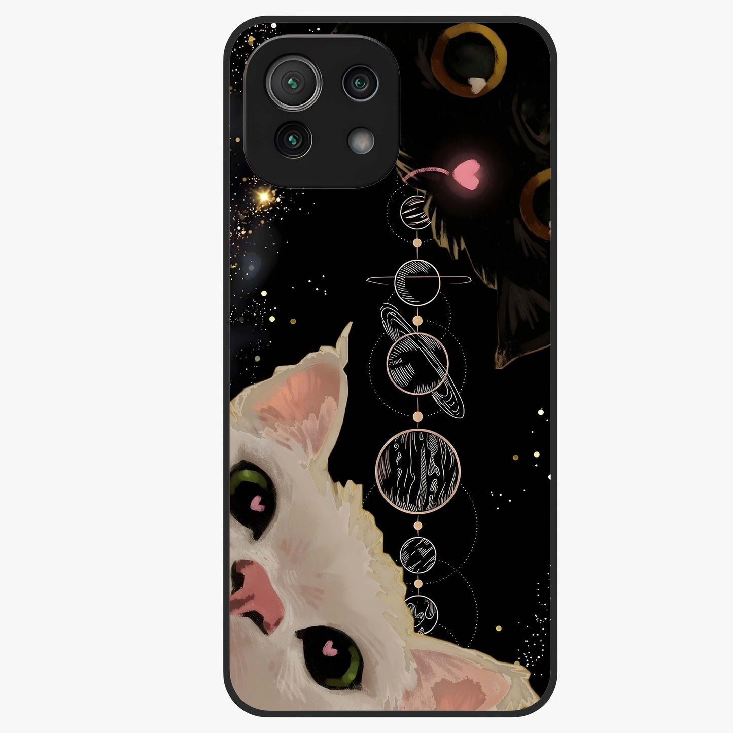 Galactic Cat Glass Case showing flat back view with cosmic cat artwork and glossy glass finish.