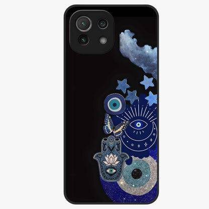 Galactic Charm Cluster Glass Case showing flat back view with glowing celestial charm artwork and glossy glass finish.