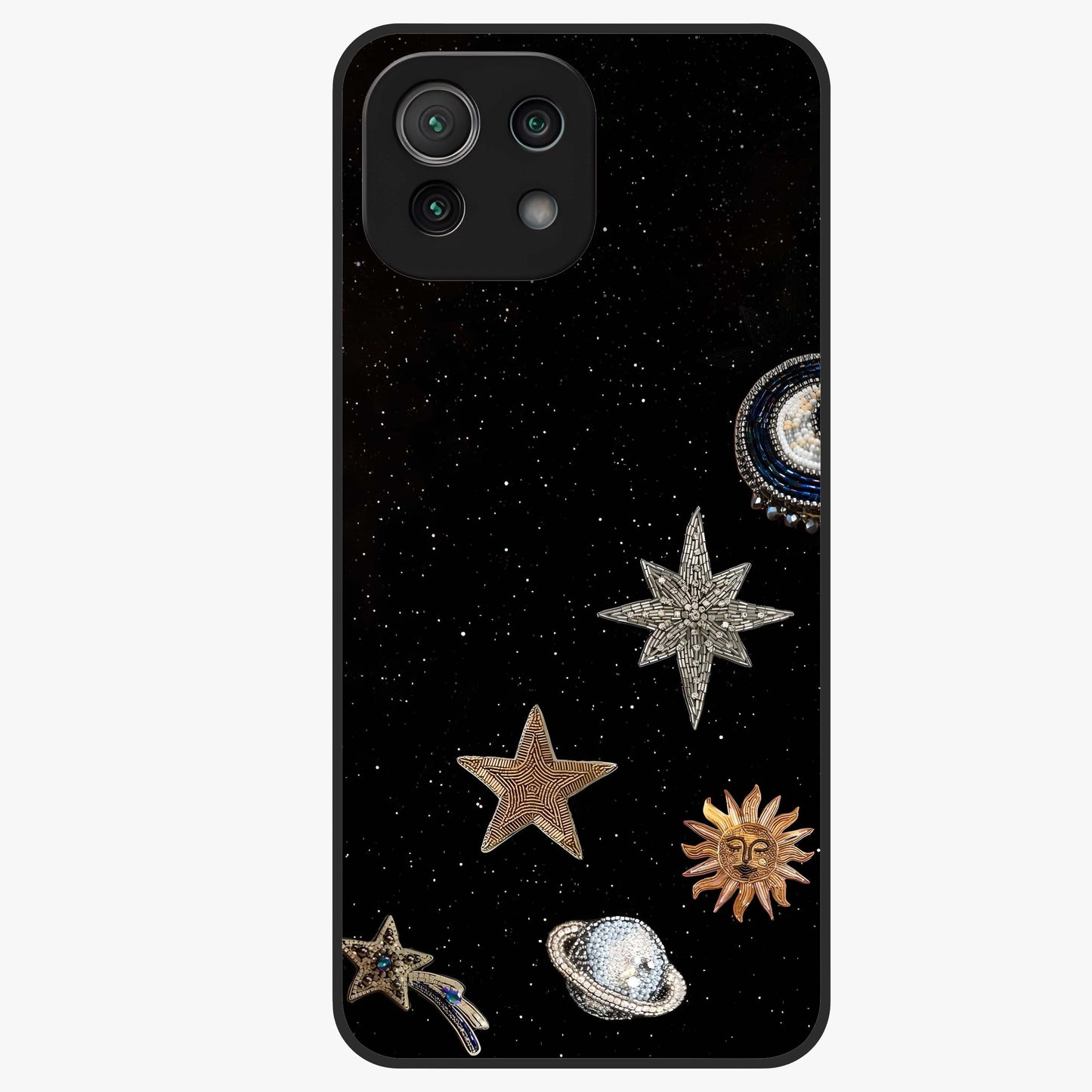 Galactic Charm Glow Glass Case showing flat back view with glowing celestial charm artwork and glossy glass finish.