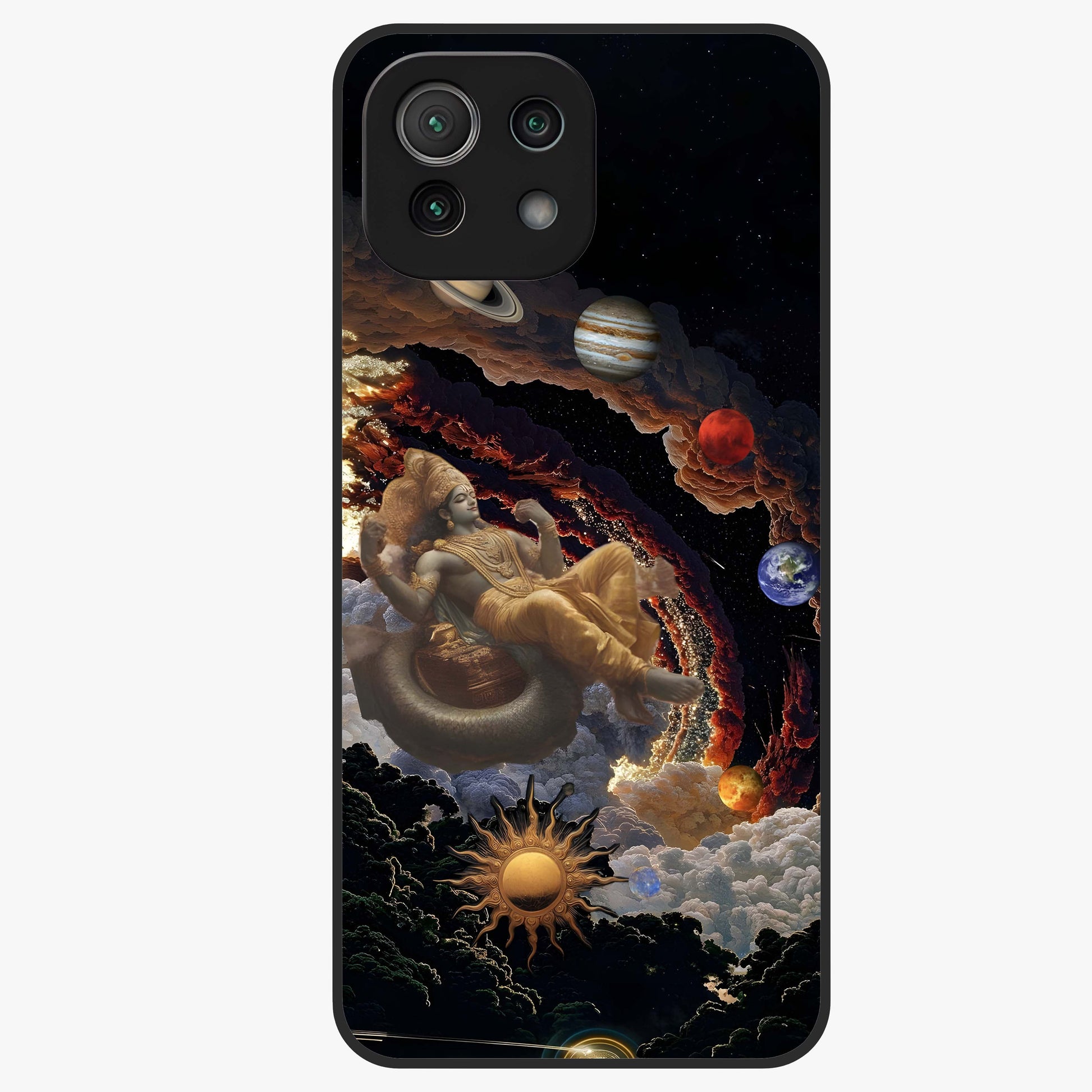 Galactic Divine God Glass Case showing flat back view with divine cosmic themed artwork and glossy glass finish.