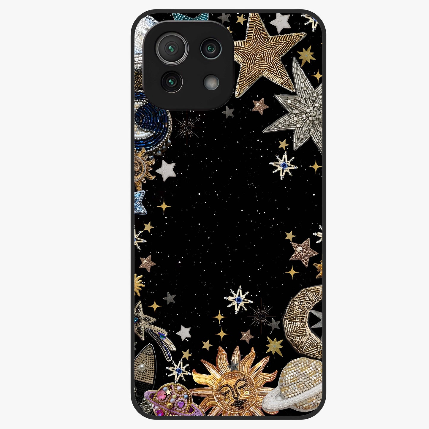 Galactic Jewel Stars Glass Case showing flat back view with sparkling star jewel artwork and glossy glass finish.