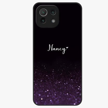 Glittery Purple Bokeh Custom Name Glass Case showing flat back view with purple bokeh sparkle artwork and personalized name design.
