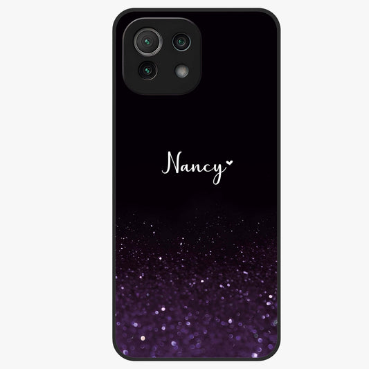 Glittery Purple Bokeh Custom Name Glass Case showing flat back view with purple bokeh sparkle artwork and personalized name design.