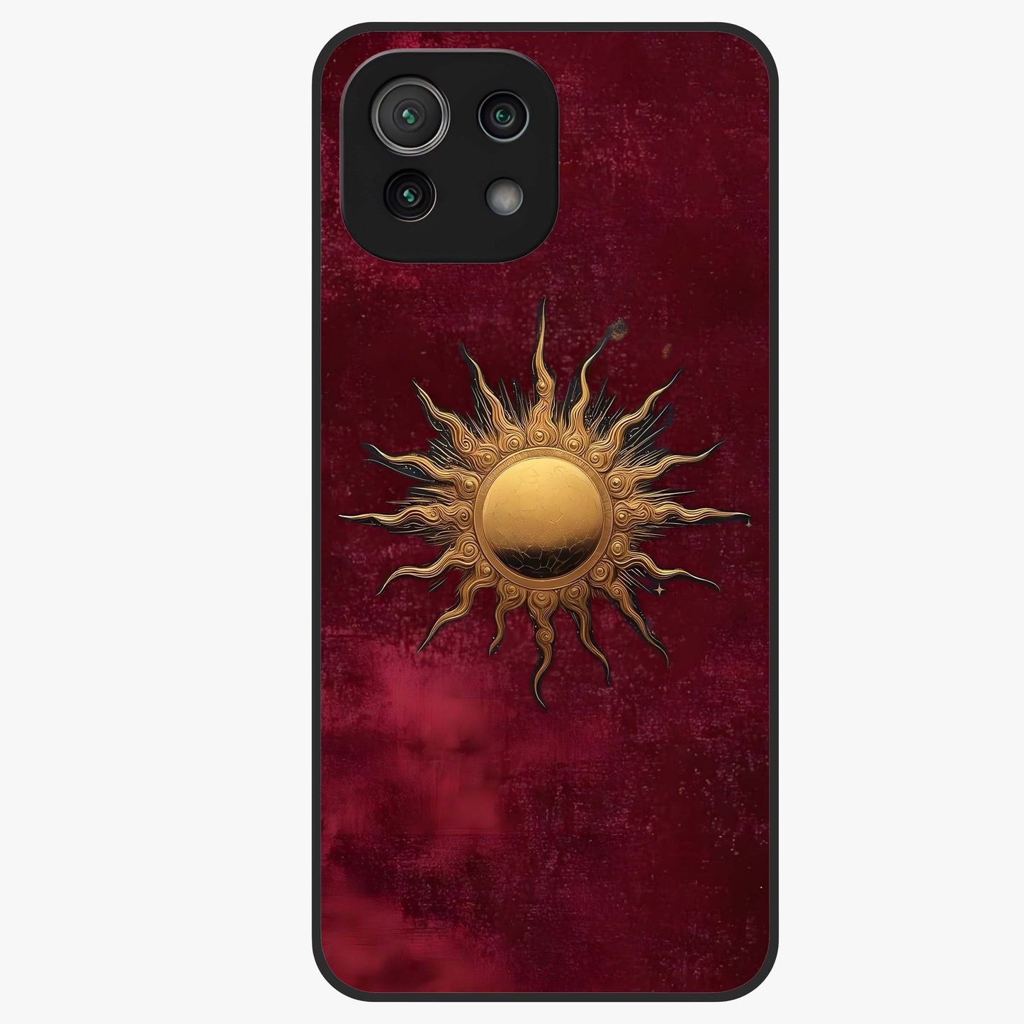 Gold Sun Blush Glass Case showing flat back view with golden sun inspired artwork and glossy glass finish.