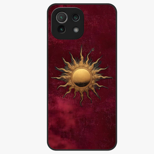 Gold Sun Blush Glass Case showing flat back view with golden sun inspired artwork and glossy glass finish.