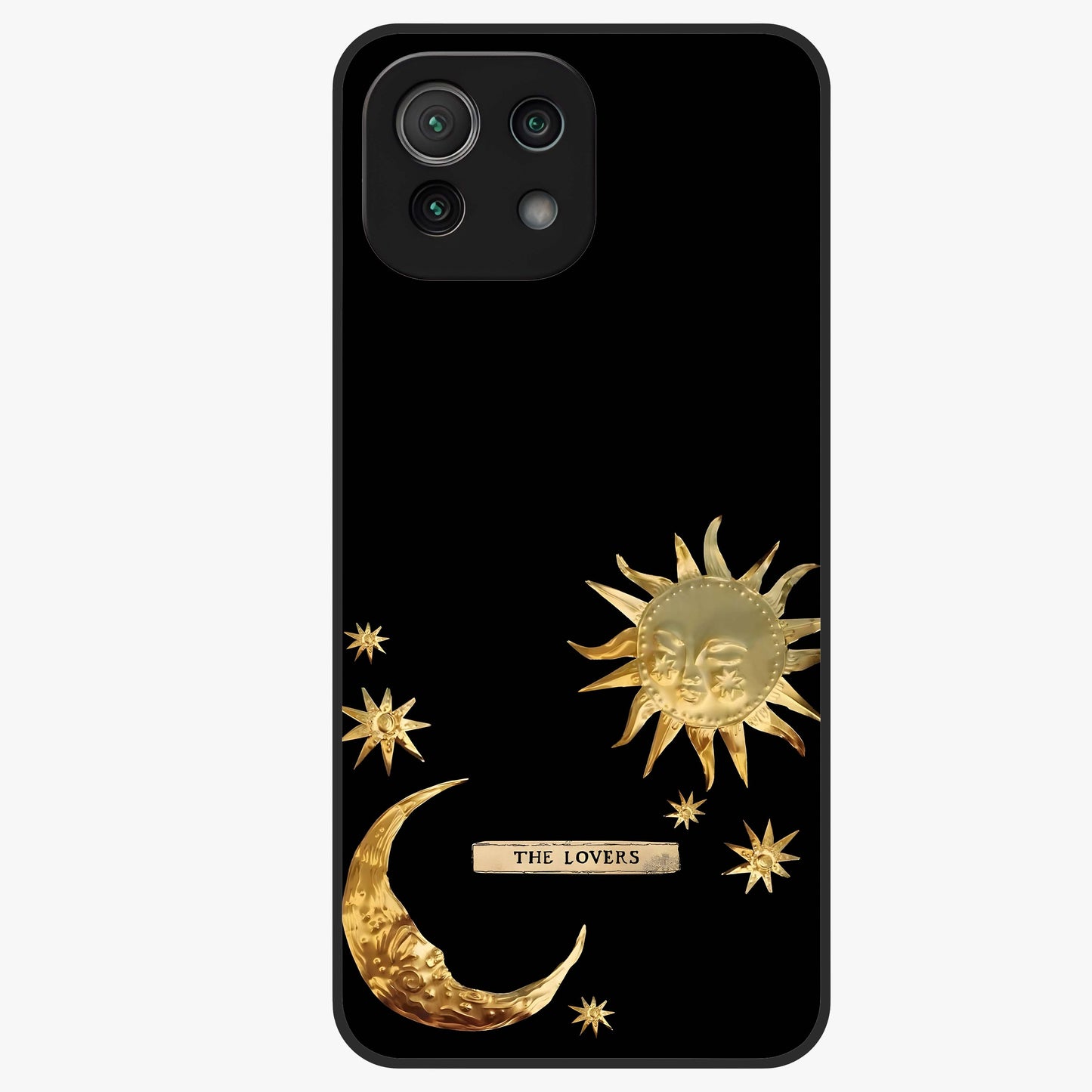 Golden Celestial Charm Glass Case showing flat back view with golden celestial charm artwork and glossy glass finish.