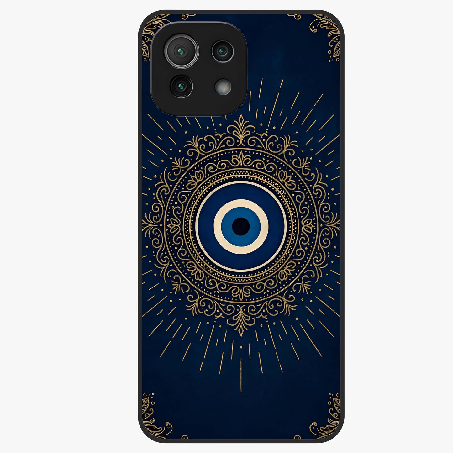 Golden Evil Eye Mandala Glass Case showing flat back view with intricate evil eye mandala artwork and glossy glass finish.