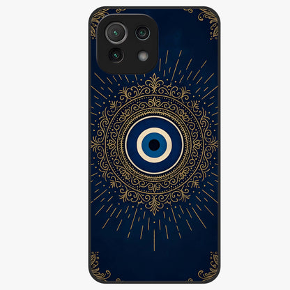 Golden Evil Eye Mandala Glass Case showing flat back view with intricate evil eye mandala artwork and glossy glass finish.
