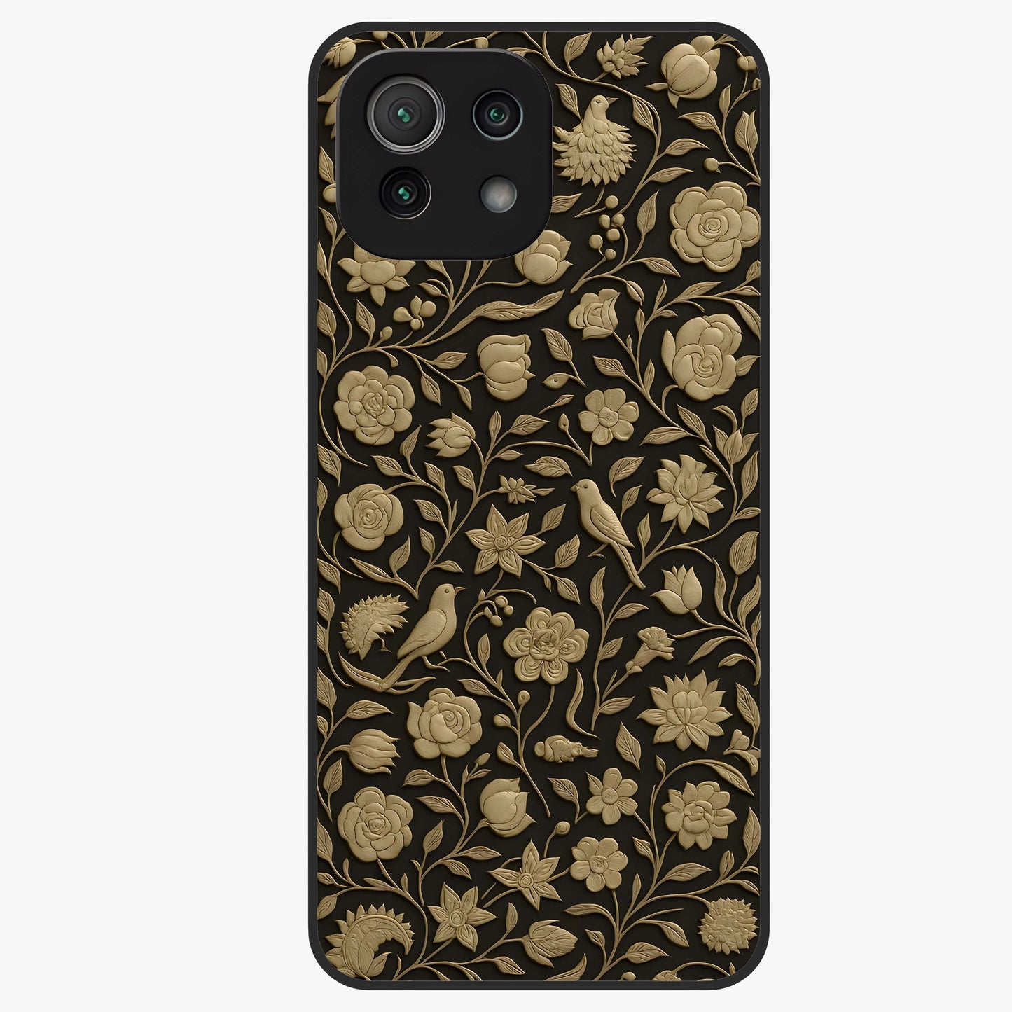 Golden Floral Majesty Glass Case showing flat back view with luxurious golden floral artwork and glossy glass finish.