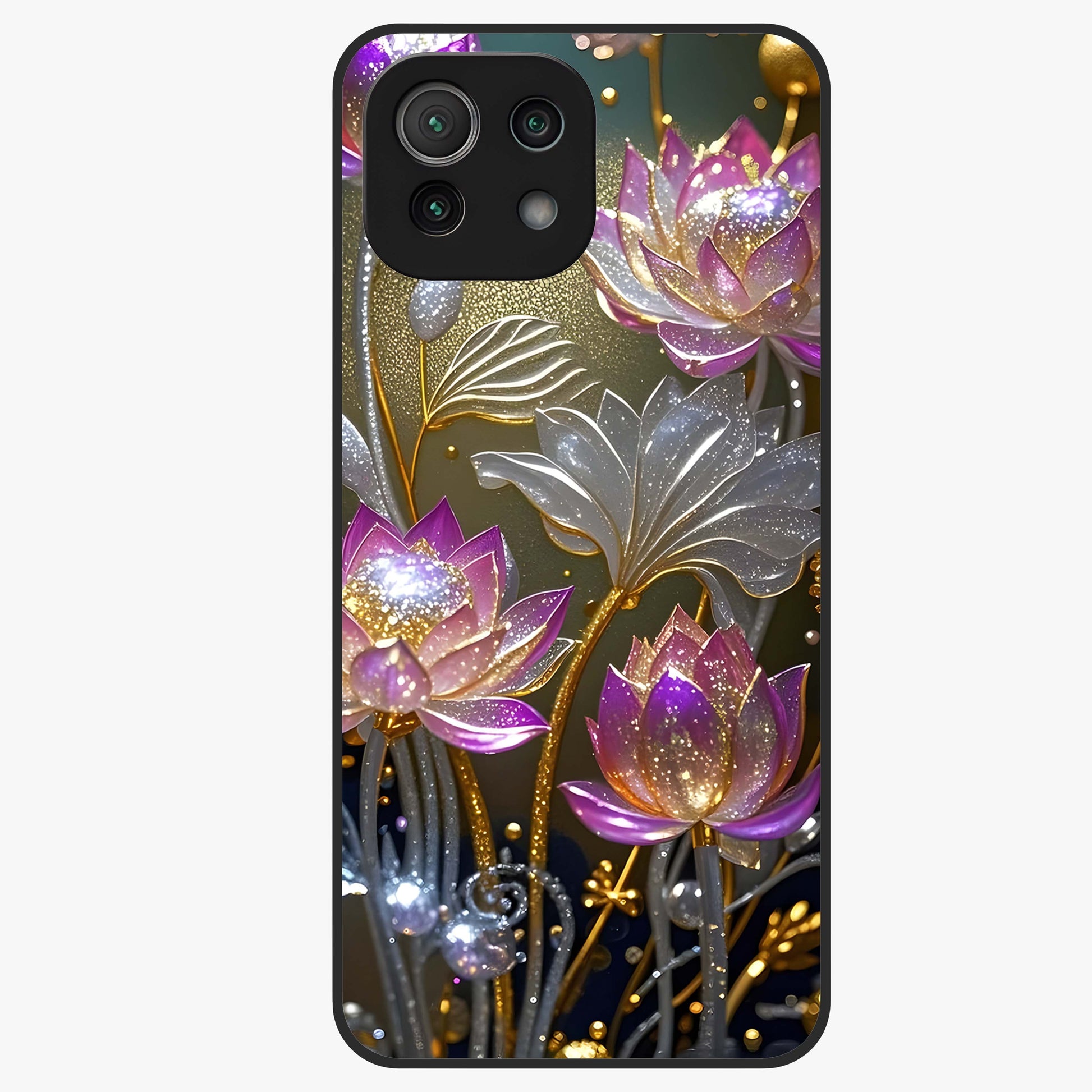 Golden Lotus Glow Glass Case showing flat back view with glowing lotus flower artwork and glossy glass finish.