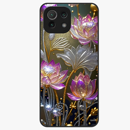 Golden Lotus Glow Glass Case showing flat back view with glowing lotus flower artwork and glossy glass finish.