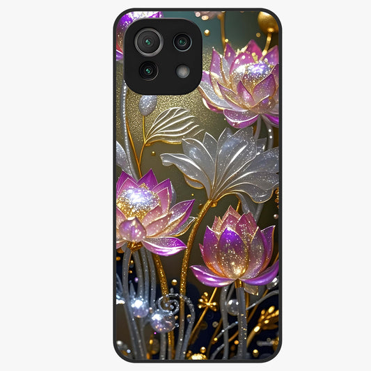 Golden Lotus Glow Glass Case showing flat back view with glowing lotus flower artwork and glossy glass finish.