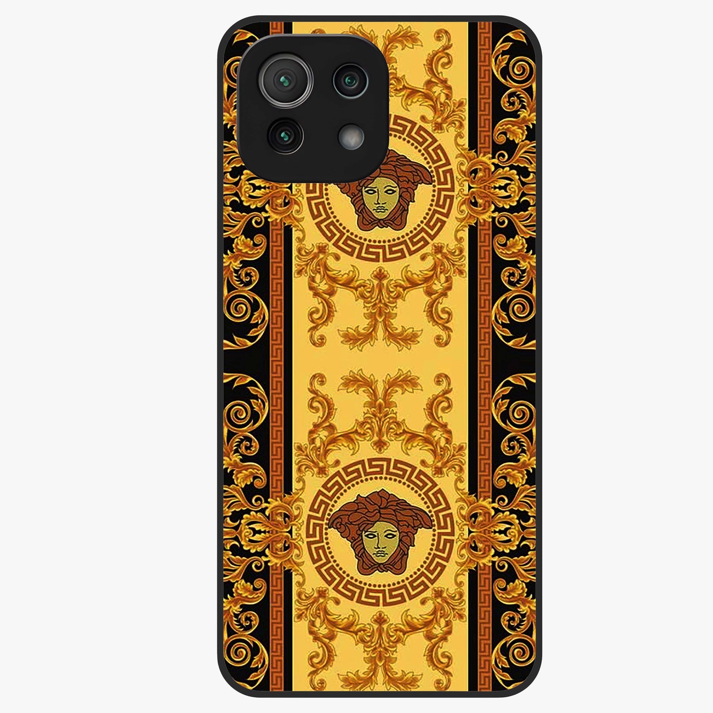 Golden Royal Heritage Glass Case showing flat back view with ornate royal pattern artwork and glossy glass finish.