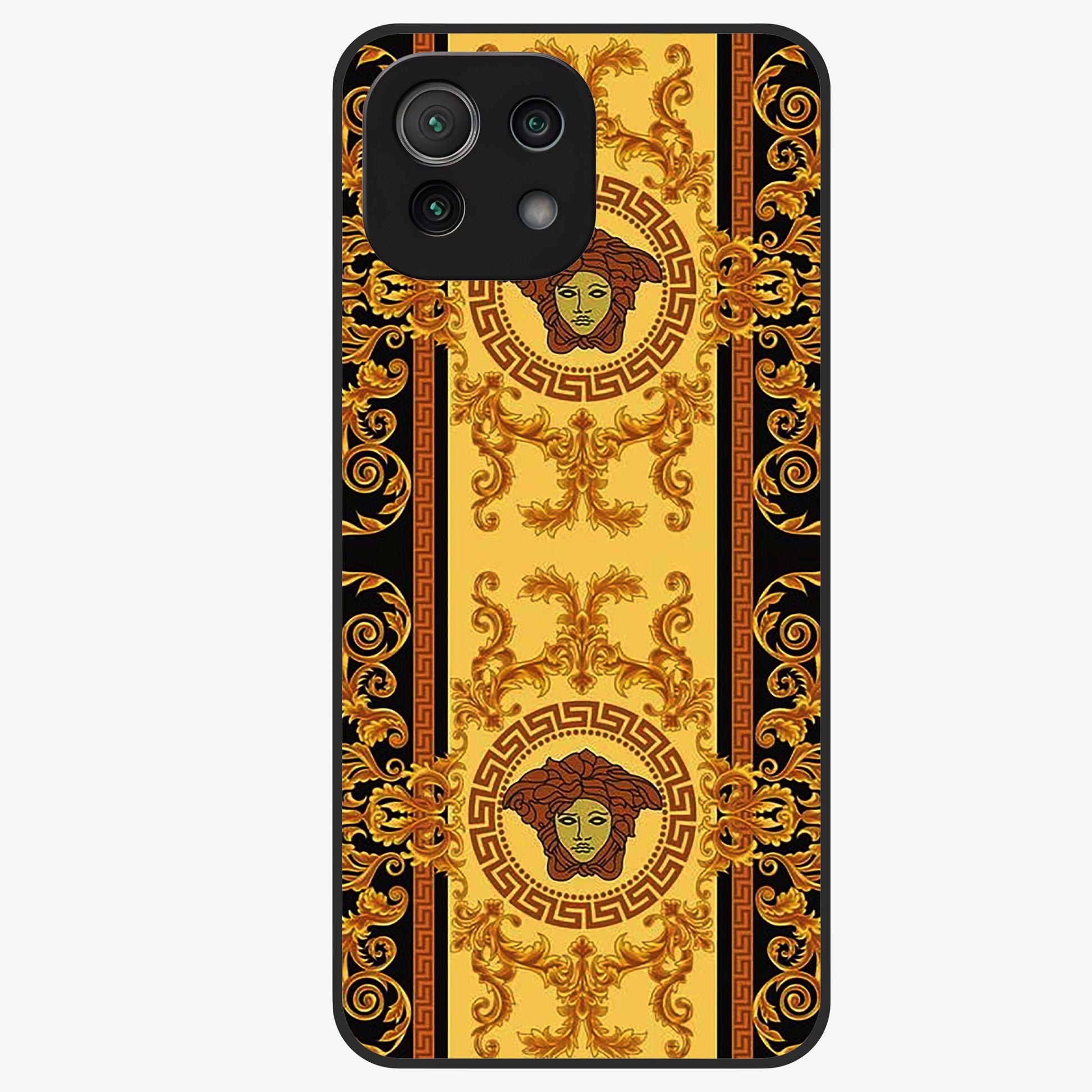 Golden Royal Heritage Glass Case showing flat back view with ornate royal pattern artwork and glossy glass finish.