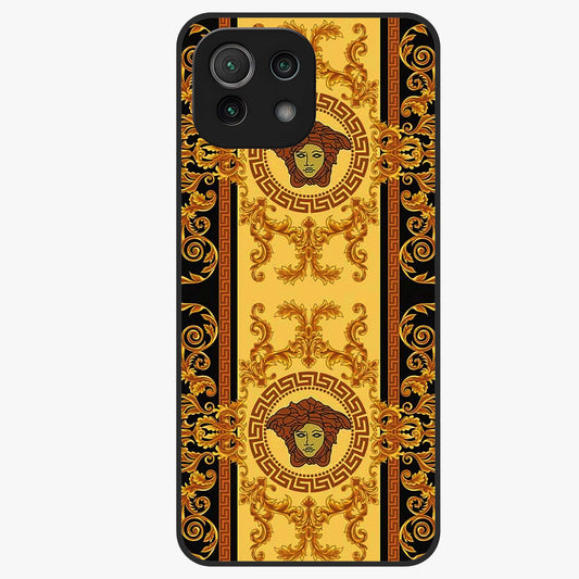Golden Royal Heritage Glass Case showing flat back view with ornate royal pattern artwork and glossy glass finish.