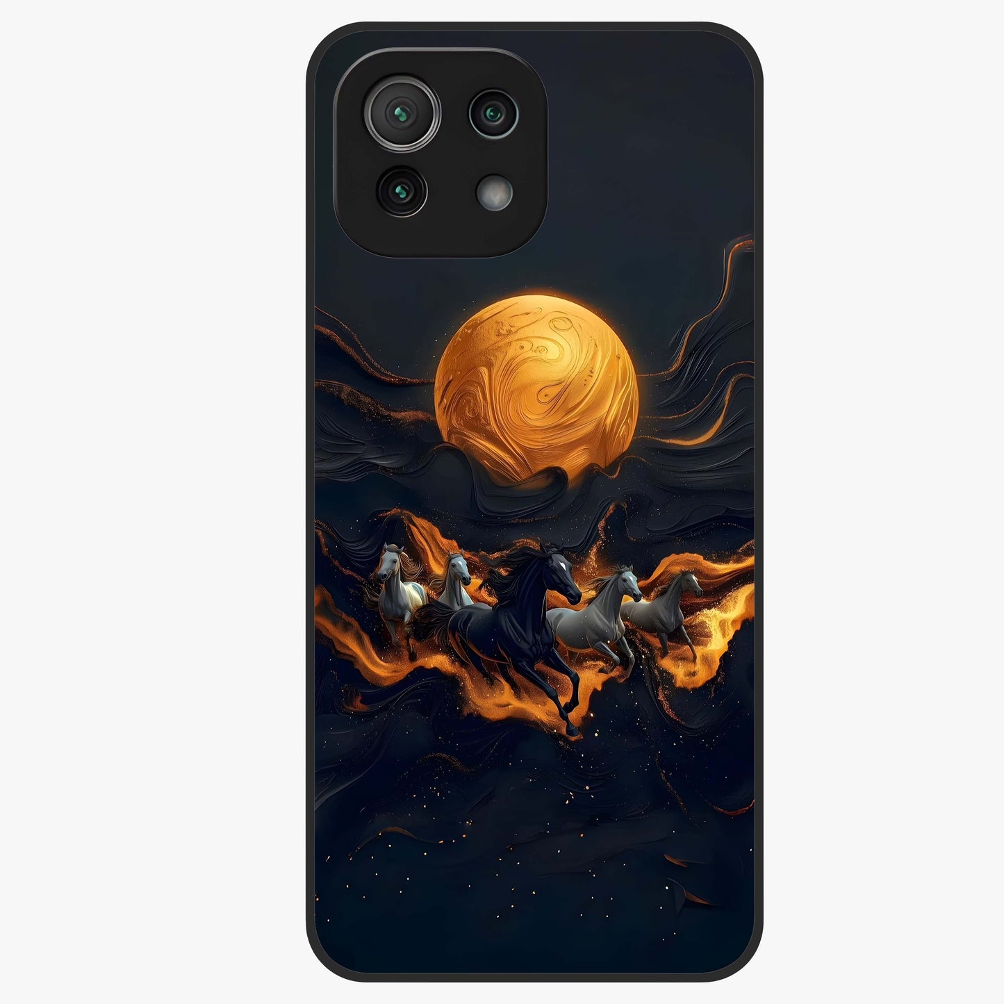 Golden Stallion Moonride Glass Case showing flat back view with majestic horse under moonlight artwork and glossy glass finish.