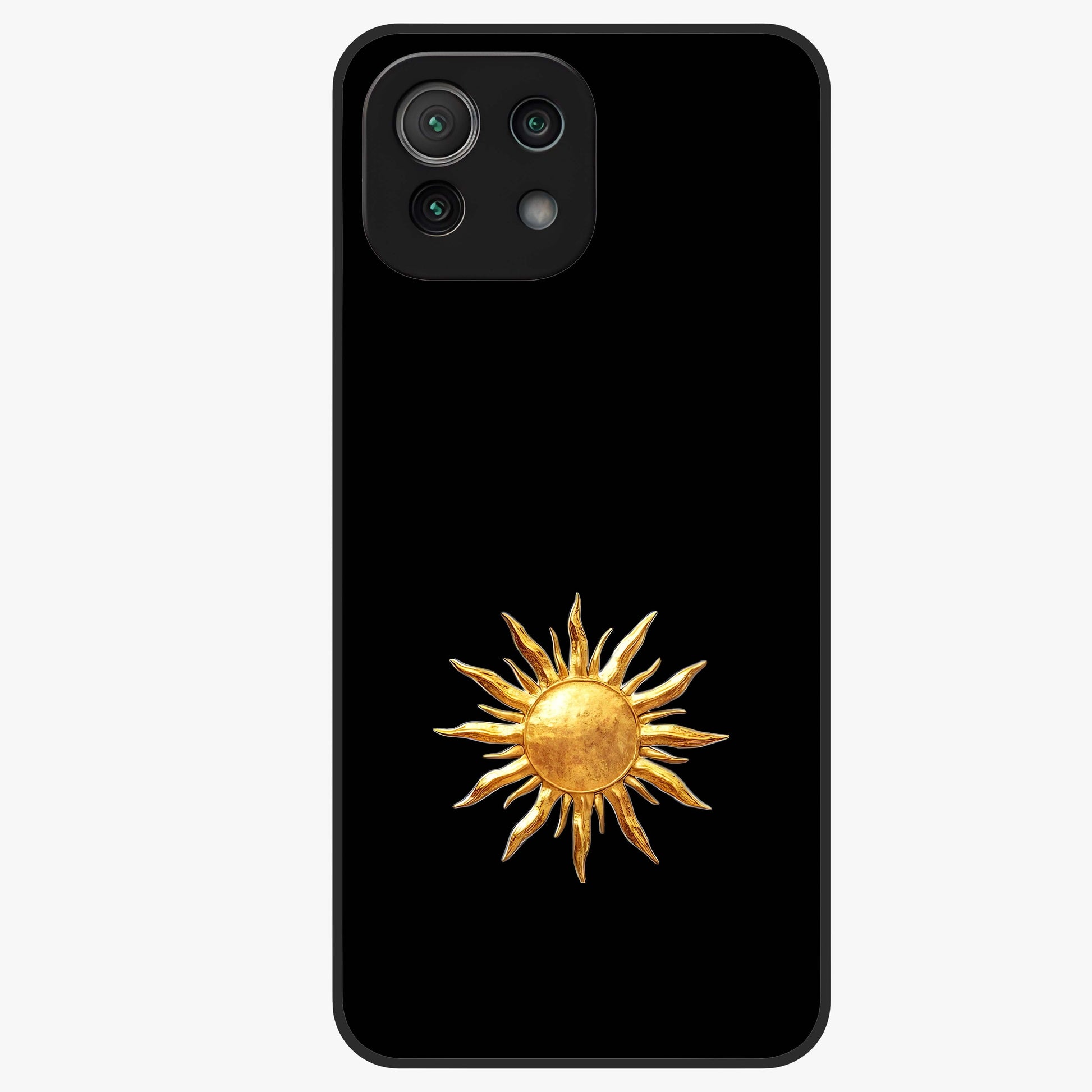 Golden Sun Minimalism Glass Case showing flat back view with minimal golden sun artwork and glossy glass finish.