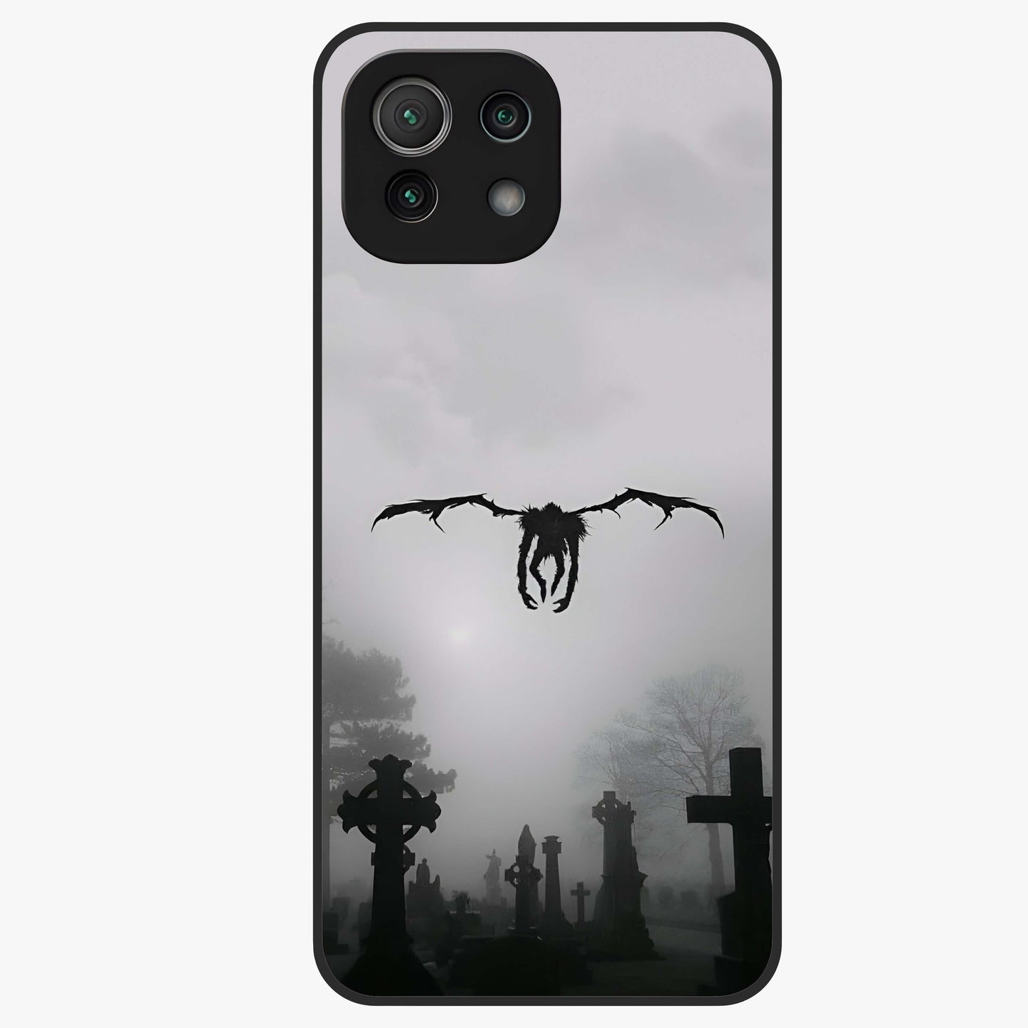 Graveyard Shadow Descent Glass Case showing flat back view with dark graveyard themed artwork and glossy glass finish.